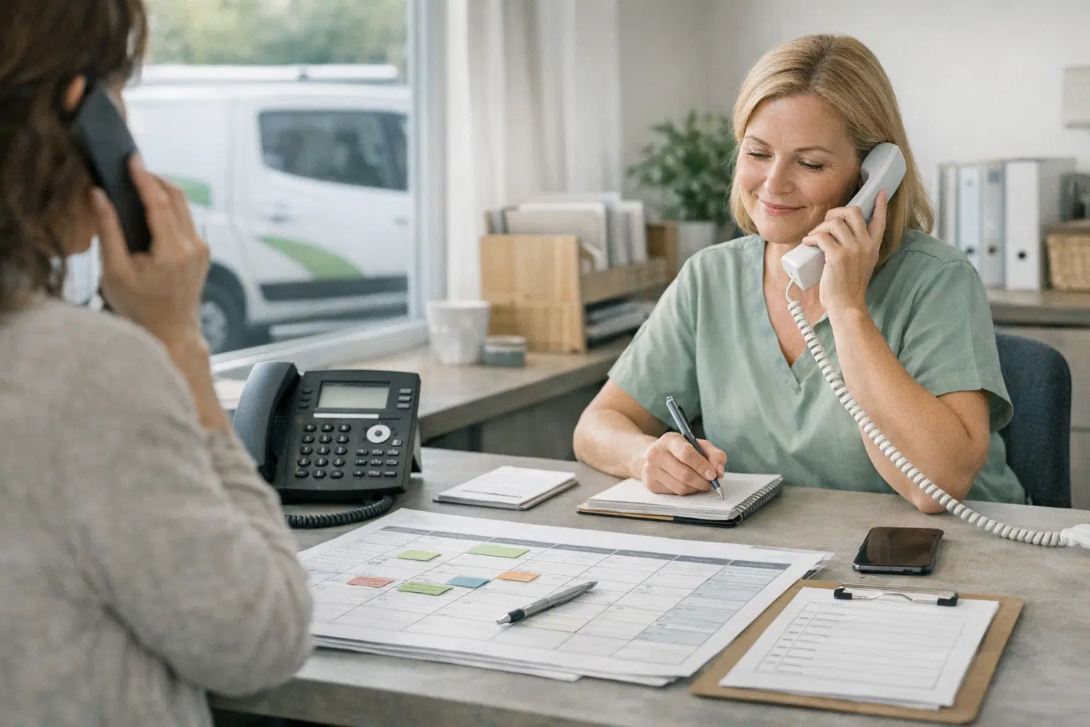 Pflegedienst-Koordination mit Telefonie, Einsatzplanung und ruhiger Organisation im Alltag.