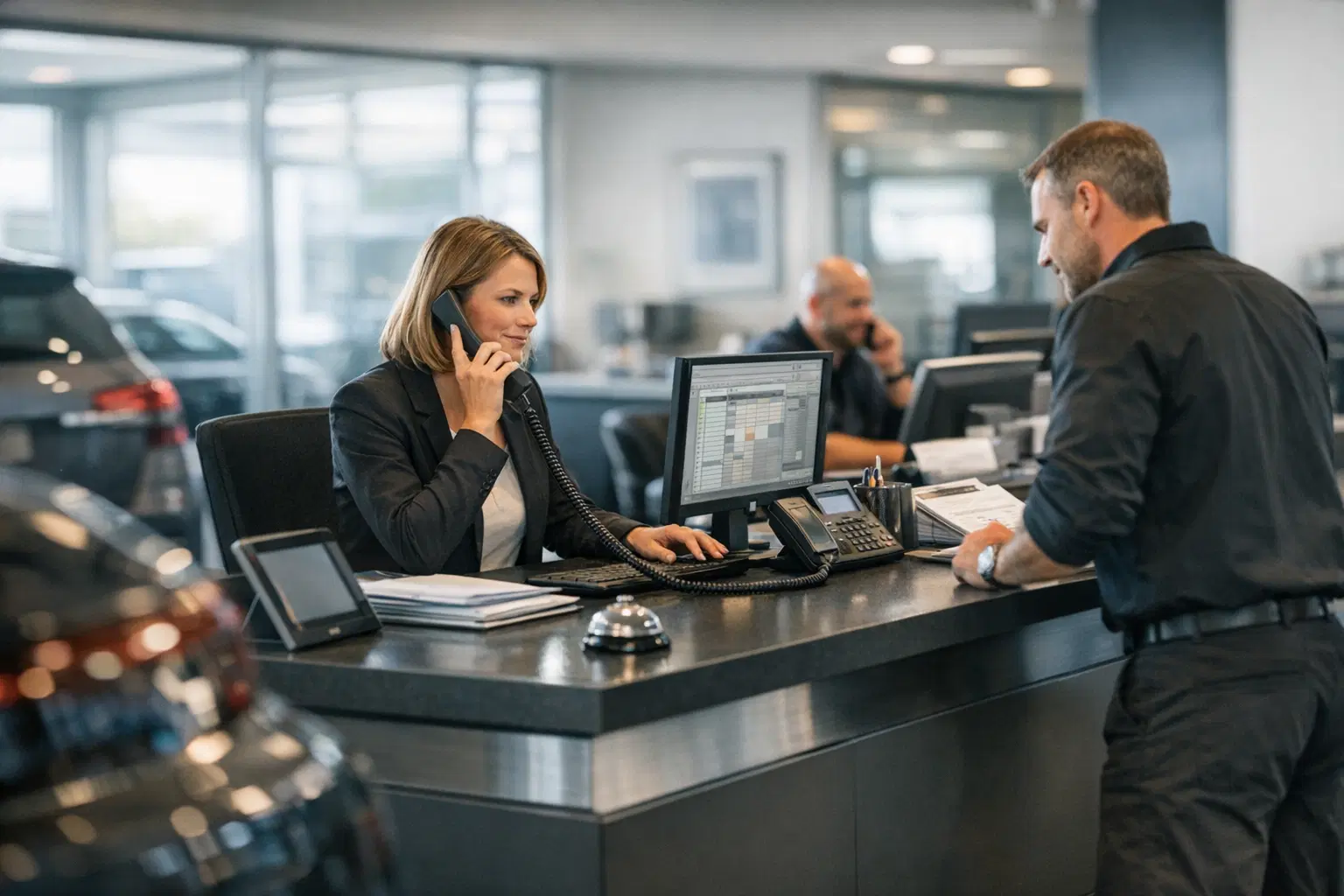 Autohaus-Serviceannahme mit Telefonie, Terminlogik und Kundenkontakt im laufenden Betrieb.