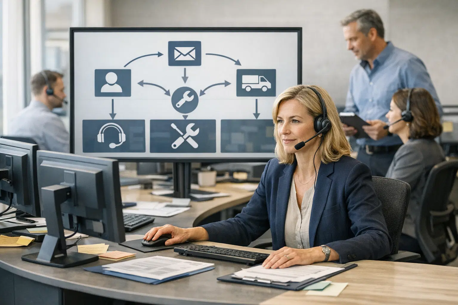 Servicezentrale mit zentraler Anrufsteuerung, Routing und mehreren parallelen Anliegen.