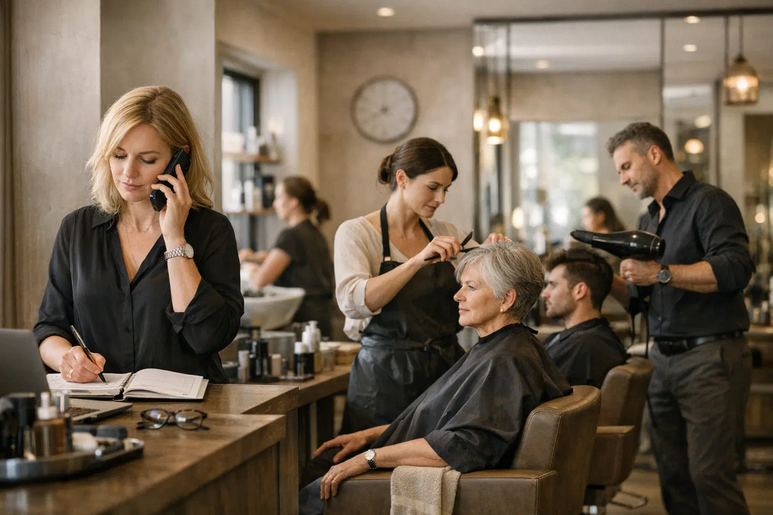Hochwertiger Friseursalon mit Terminlast, Unterbrechungen und elegant organisiertem Kundenkontakt.