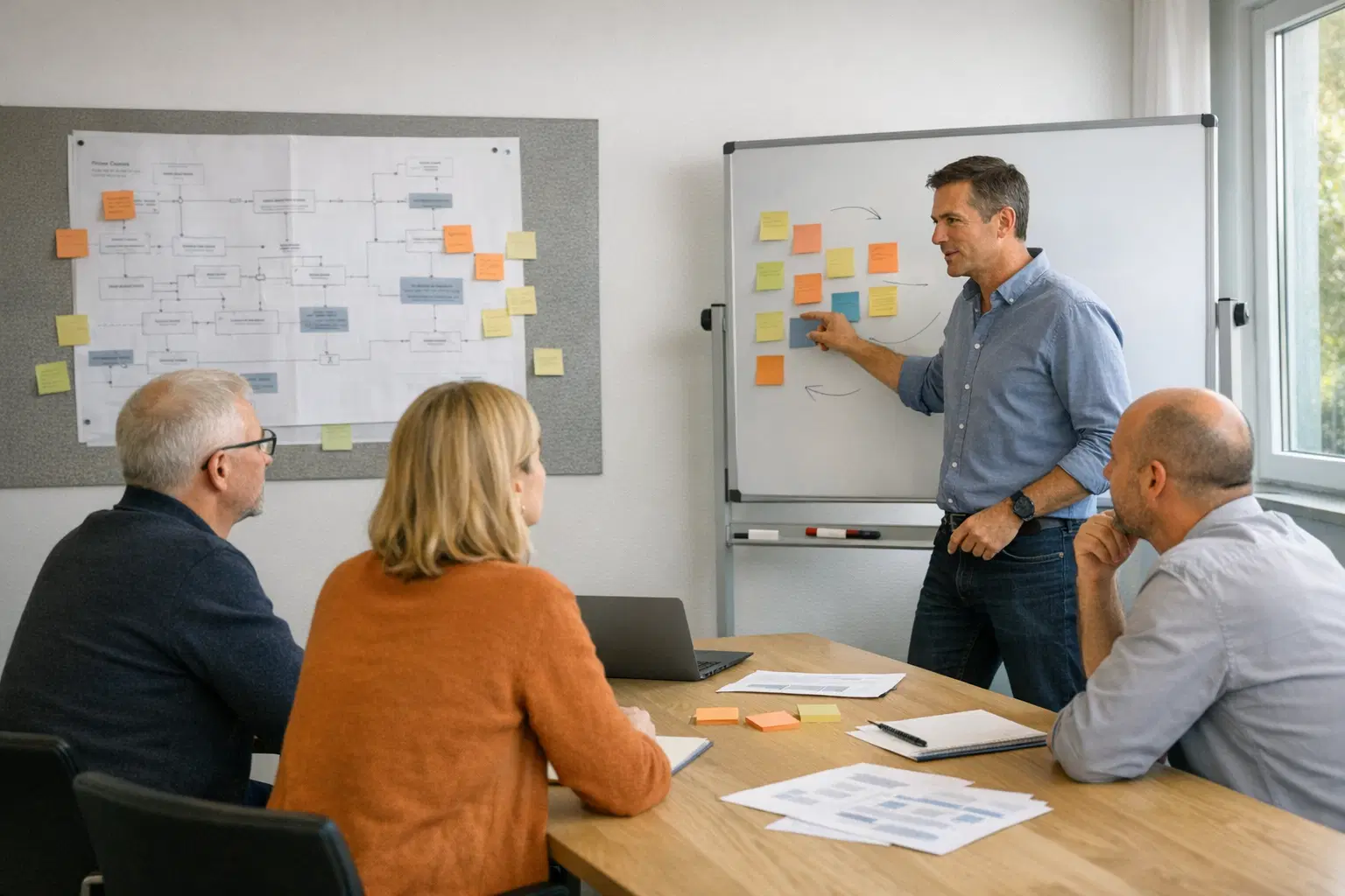 Strategiegespraech im Mittelstand mit Unterlagen, Whiteboard und einer klaren Roadmap fuer den KI-Einstieg.