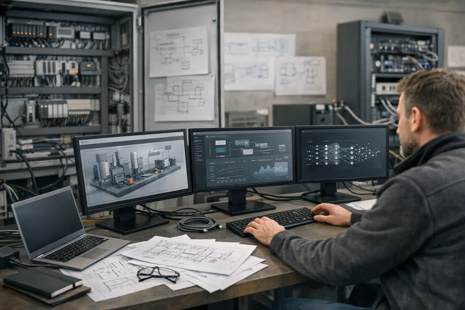 Prozessnahe Arbeitsumgebung mit Systemanbindung, Dokumentenfluss und individueller KI-Software im betrieblichen Kontext.