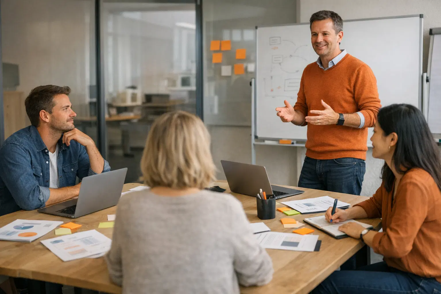 Kompakter Workshop mit Team, Laptop und Arbeitsunterlagen in einer ruhigen, produktiven Mittelstandsatmosphaere.
