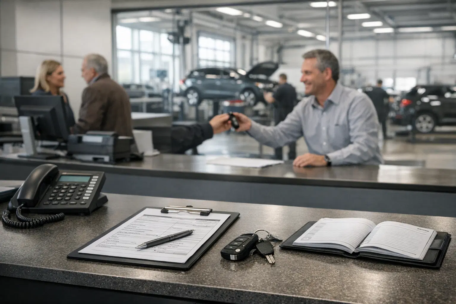 Autohaus-Empfang mit Servicecounter, Telefonie und klarer Kundenannahme als glaubwuerdige Referenzsituation.