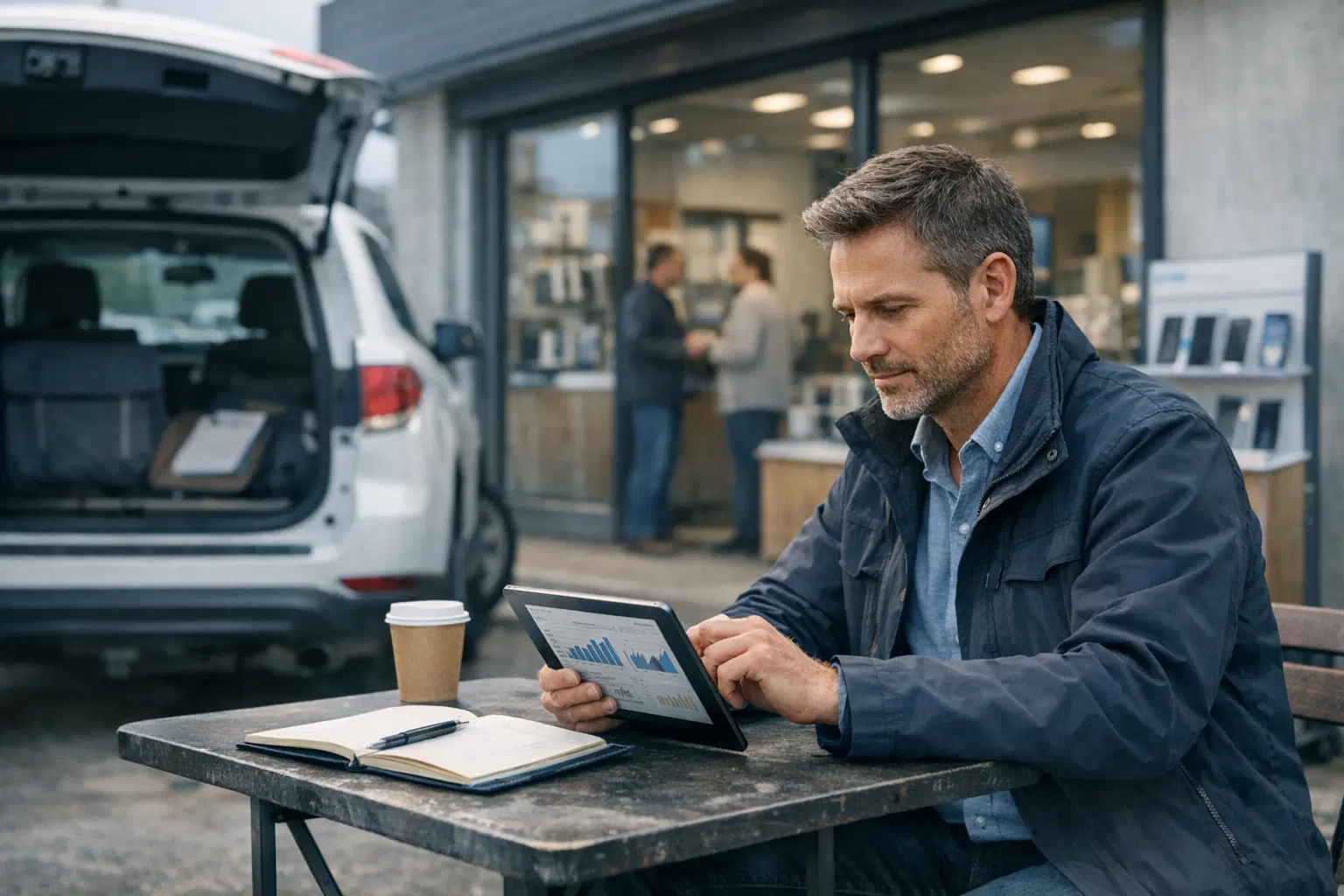 Aussendienst- und Mobilfunkkontext mit Tablet, Steuerung und vertriebsnaher Arbeitsrealitaet im Feld.
